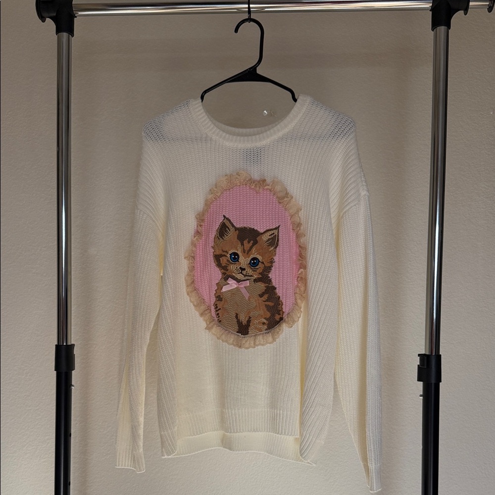 Cute Cat Sweater - Cream and Pink
